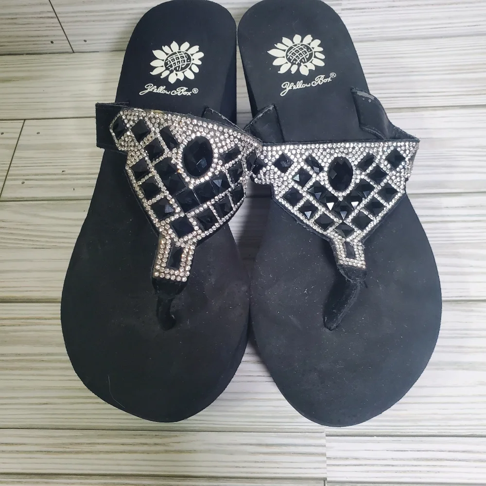 Yellow Box Black Sequin Gem Platform Wedge Womans‎ Sandals 6
